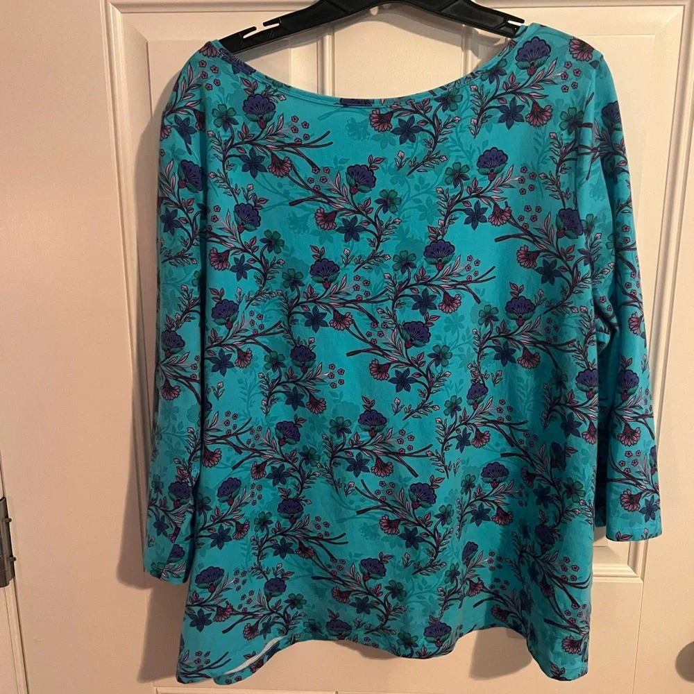 Talbots Blue 3/4 Sleeve Blouse with Floral Design - Picture 2 of 5